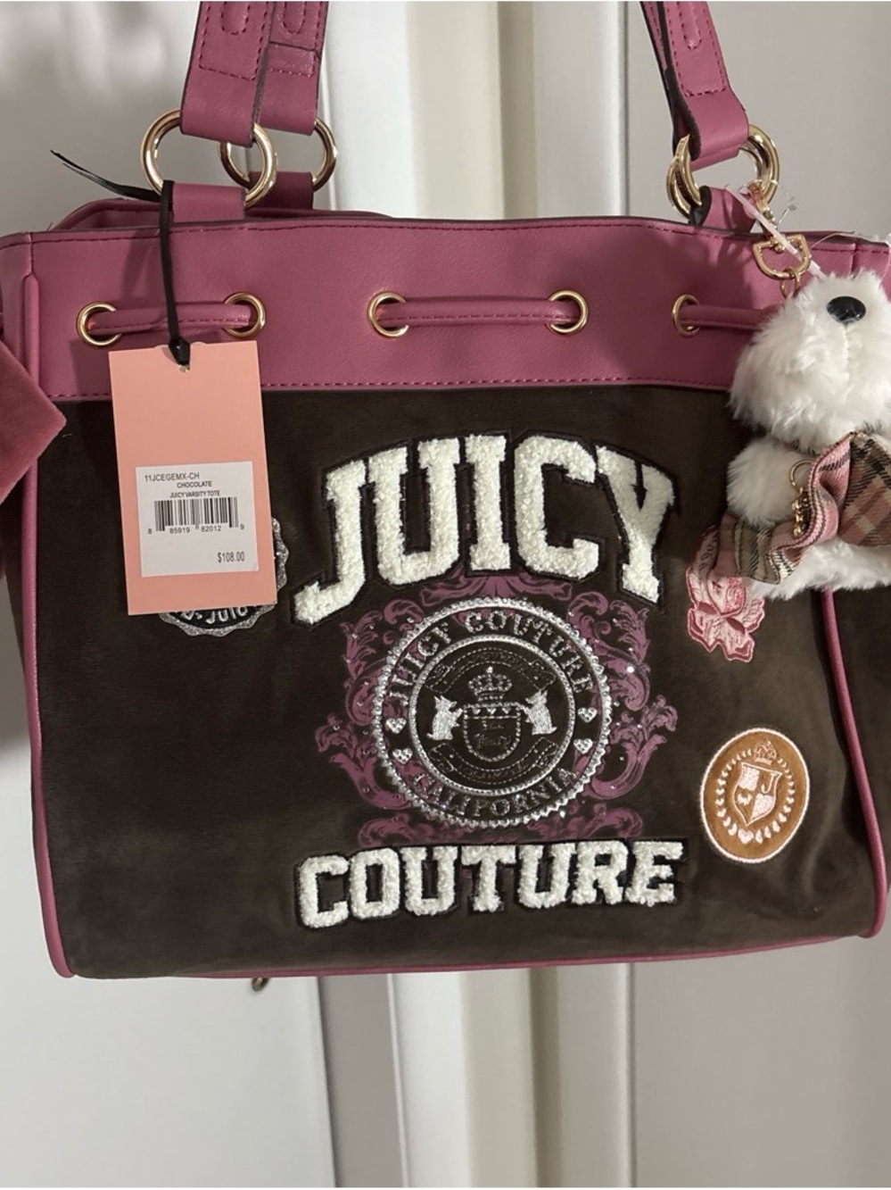 Juicy Couture Pink and Brown varsity  daydreamer with Scottie dog Tote Bag
